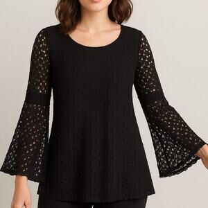 Vintage 90s Black Open Weave Long Sleeve Blouse Womens Medium Boho Bell Sleeves